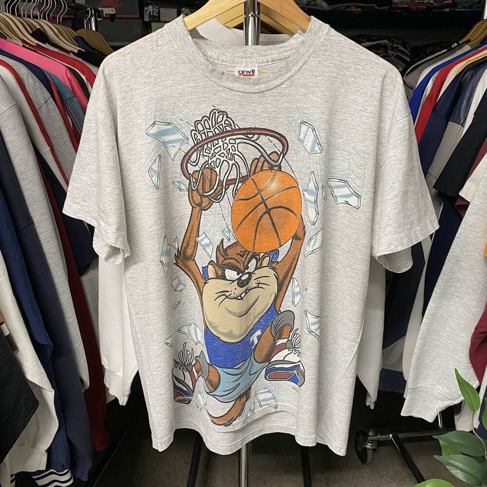 Vintage 1993 Taz Slam Dunk Shattered Glass Basketball T-Shirt Grey Men's Large